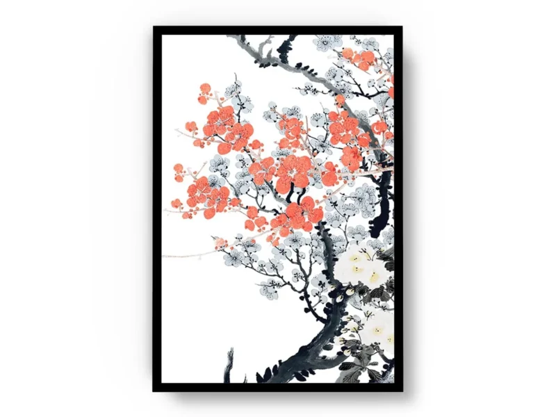 Arte Ilustración Japonesa Ramas Negras con Flores Rosas