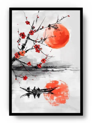 Arte Ilustración Japonesa Reflejo de Árbol con Flores Rojas