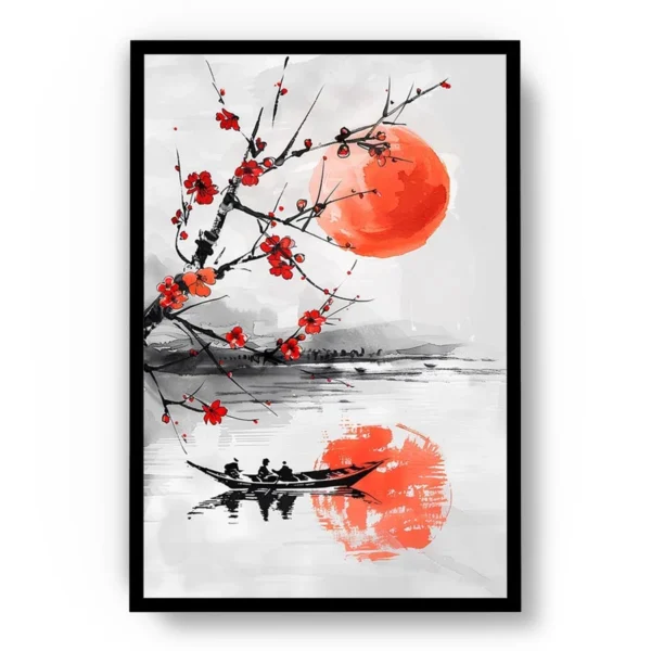 Arte Ilustración Japonesa Reflejo de Árbol con Flores Rojas