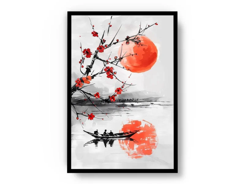 Arte Ilustración Japonesa Reflejo de Árbol con Flores Rojas