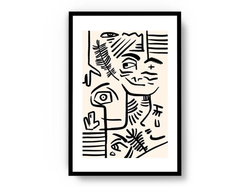 Arte Lineal Caras entre Objetos de Lineas Negras