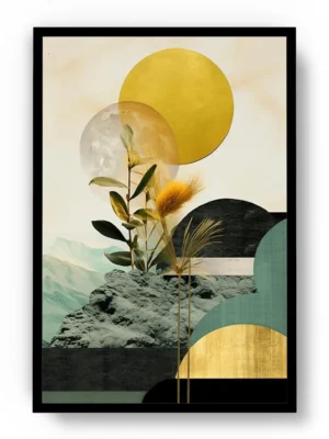 Arte Lujoso Collage de Hojas entre Luna con Toques de Oro