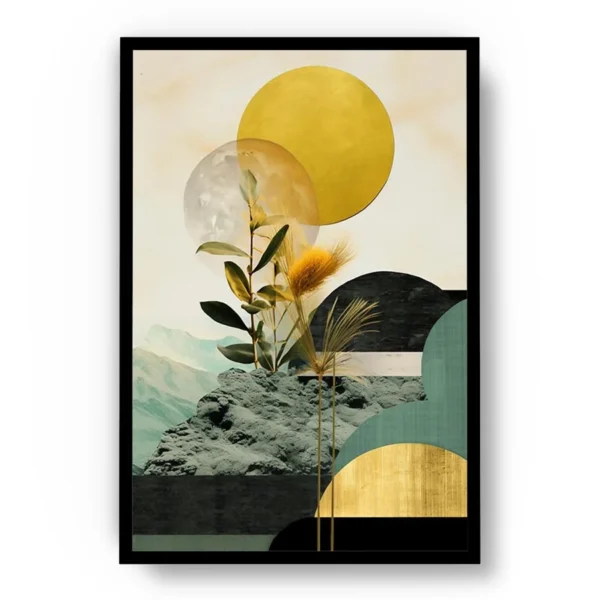 Arte Lujoso Collage de Hojas entre Luna con Toques de Oro