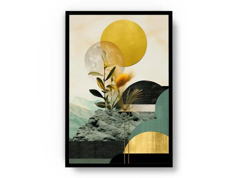 Arte Lujoso Collage de Hojas entre Luna con Toques de Oro