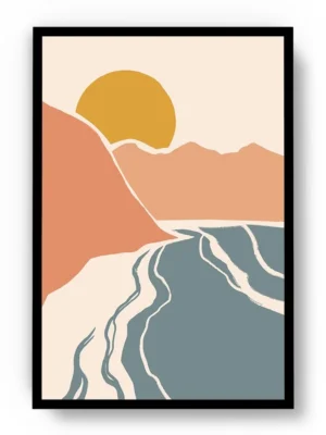 Arte Ilustración Minimalista Rio entre Montañas al Atardecer
