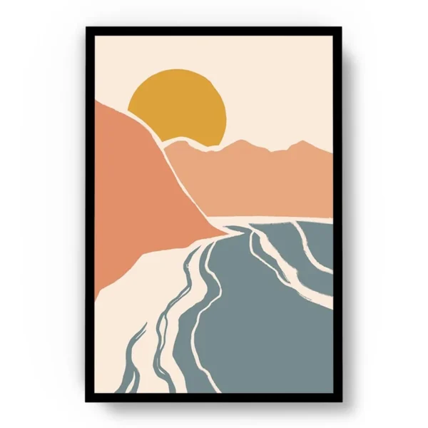 Arte Ilustración Minimalista Rio entre Montañas al Atardecer