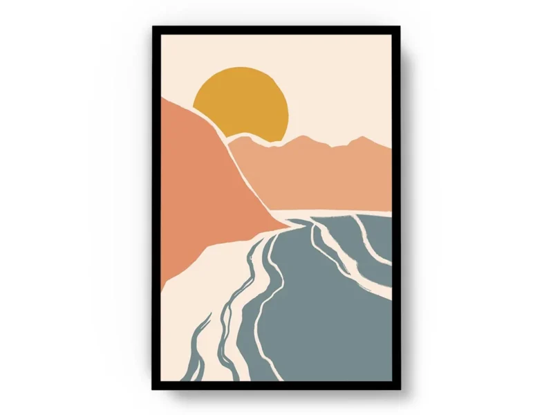 Arte Ilustración Minimalista Rio entre Montañas al Atardecer