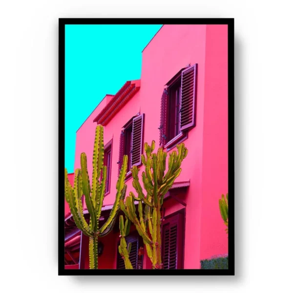 Póster Pop Art Casas Rosadas con Cactus Verdes