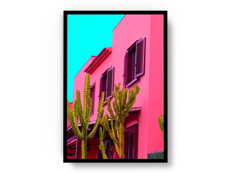 Póster Pop Art Casas Rosadas con Cactus Verdes
