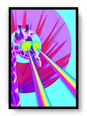 Póster Pop Art Ilustración Jirafa con Gafas y Rayos Arcoíris