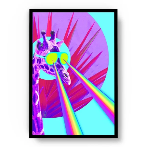 Póster Pop Art Ilustración Jirafa con Gafas y Rayos Arcoíris