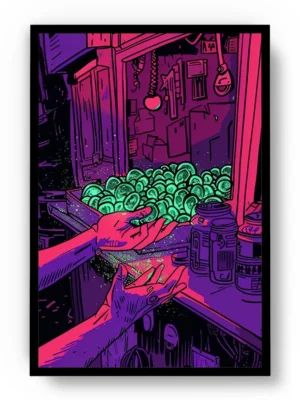 Póster Pop Art Ilustración Manos en Tienda con Orbes Verdes