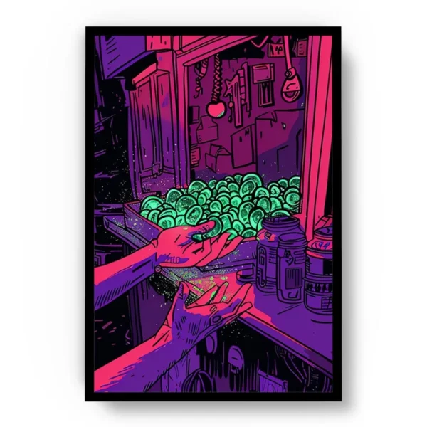 Póster Pop Art Ilustración Manos en Tienda con Orbes Verdes
