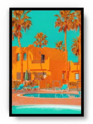 Póster Pop Art Casa Naranja con Piscina y Palmeras