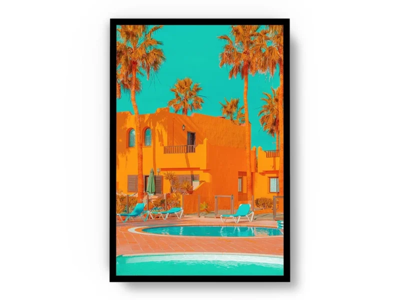 Póster Pop Art Casa Naranja con Piscina y Palmeras
