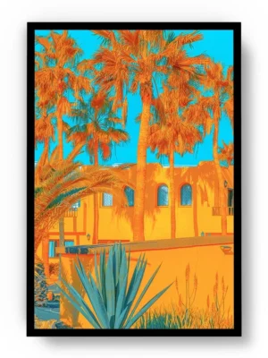 Póster Pop Art Casas Playeras Naranjas con Palmeras