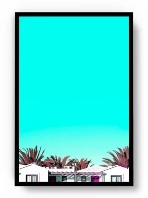 Póster Pop Art Cielo Turquesa con Casas Blancas y Palmeras