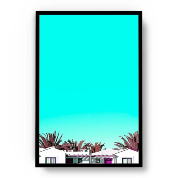Póster Pop Art Cielo Turquesa con Casas Blancas y Palmeras