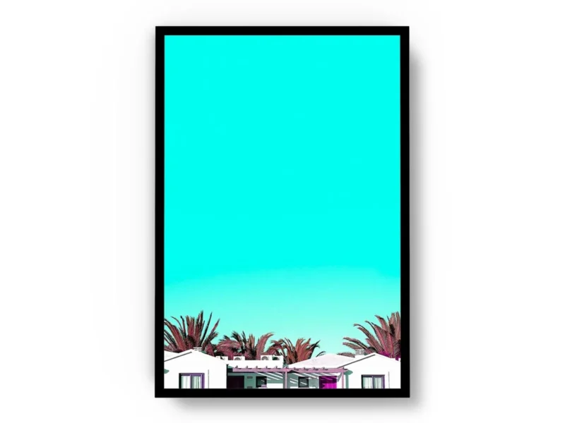 Póster Pop Art Cielo Turquesa con Casas Blancas y Palmeras