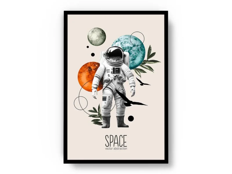 Poster Ilustración Minimalista Astronauta y Planetas con Hojas