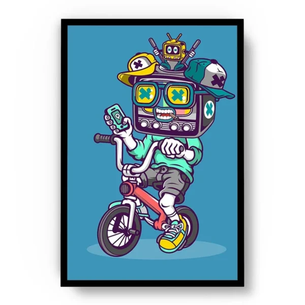 Póster Ilustración Vectorial Chico Televisión en Bicicleta