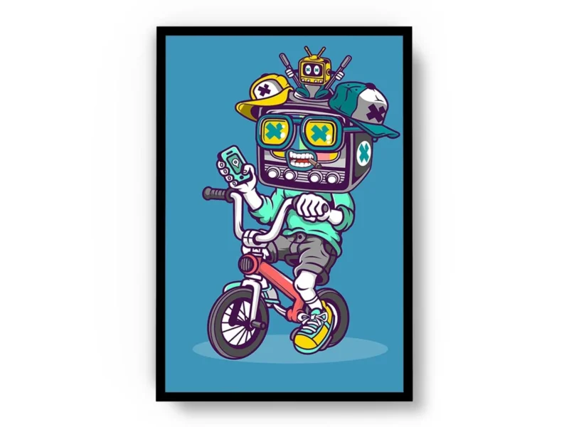 Póster Ilustración Vectorial Chico Televisión en Bicicleta