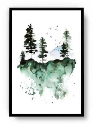 Arte Pintura en Acuarela Bosque Verde con Arboles