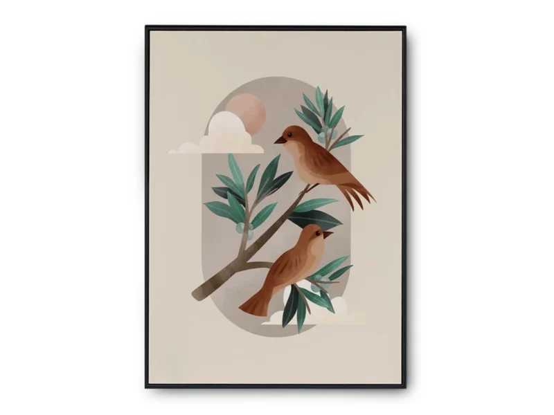 Arte Ilustración Pájaros Naranjas sobre Rama