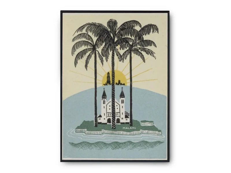 Arte Ilustración Isla Malang al Amanecer con Colores Suaves