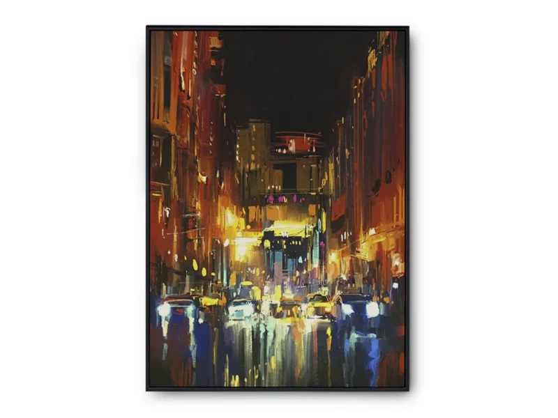 Arte Pintura Noche con Reflejos de Luces en la Ciudad