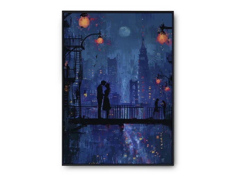 Arte Pintura Pareja en la Noche con Ciudad de Fondo