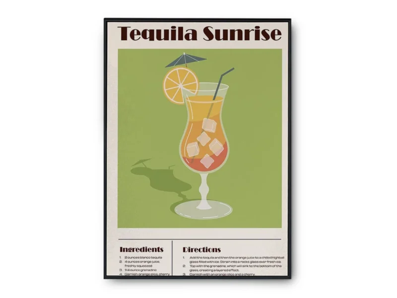 Arte Ilustración Cocktail Tequila Sunrise en Fondo Verde