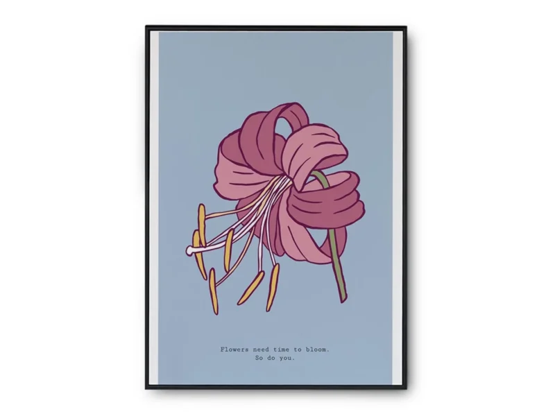 Arte Ilustración Minimalista Lirio Rosa con Fondo Turquesa