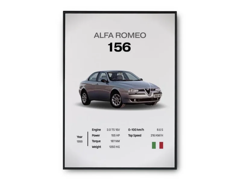 Póster Minimalista Alfa Romeo 156 con Especificaciones