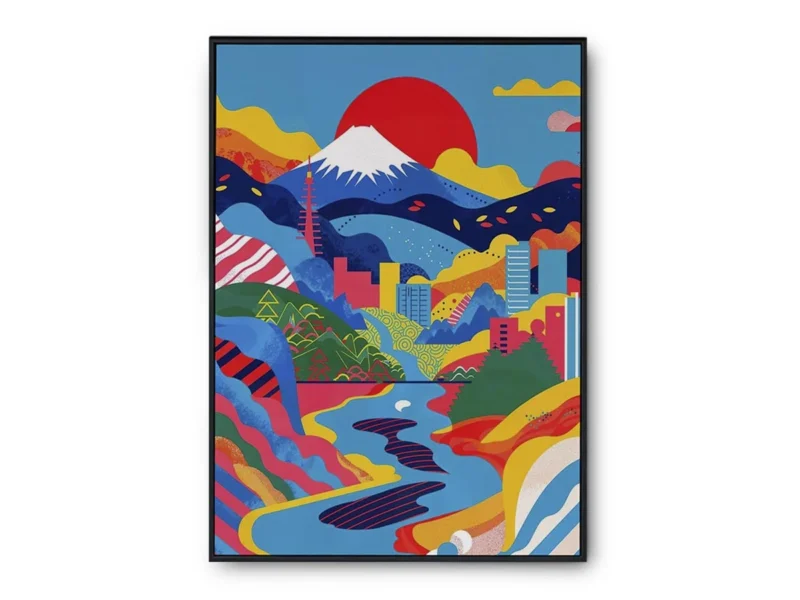 Póster Ilustración Japonesa Colorida Paisaje y Montaña