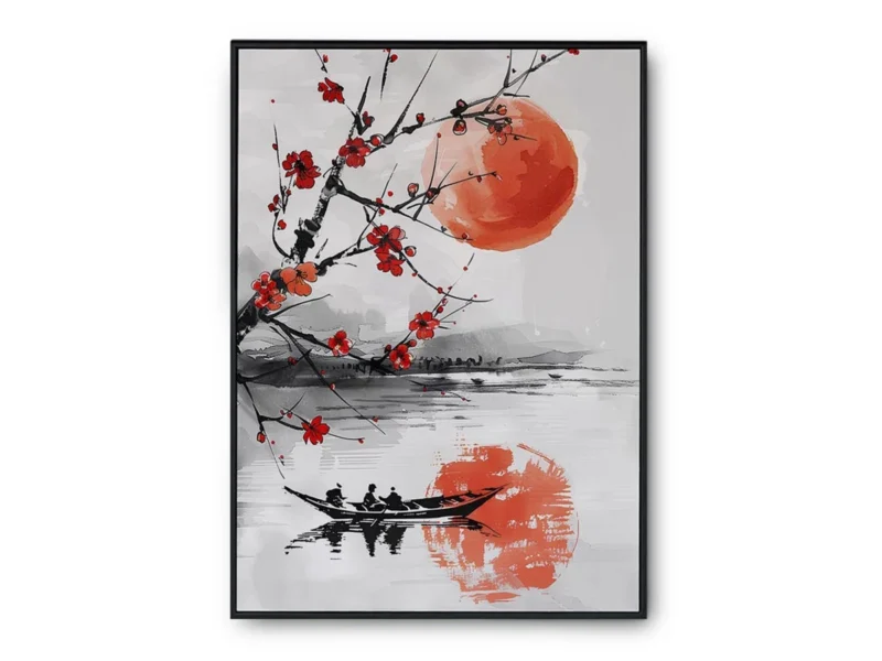 Arte Ilustración Japonesa Reflejo de Árbol con Flores Rojas