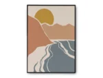 Arte Ilustración Minimalista Rio entre Montañas al Atardecer