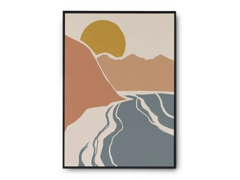 Arte Ilustración Minimalista Rio entre Montañas al Atardecer