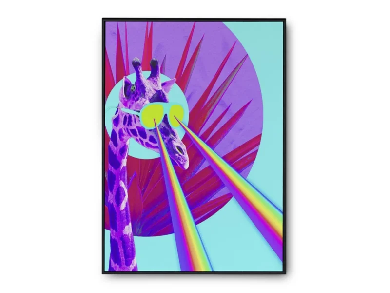 Póster Pop Art Ilustración Jirafa con Gafas y Rayos Arcoíris