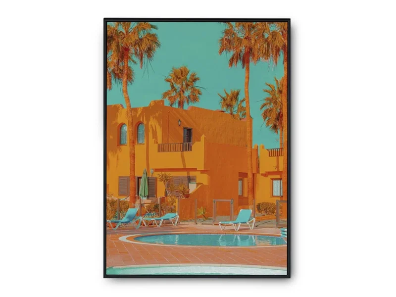 Póster Pop Art Casa Naranja con Piscina y Palmeras