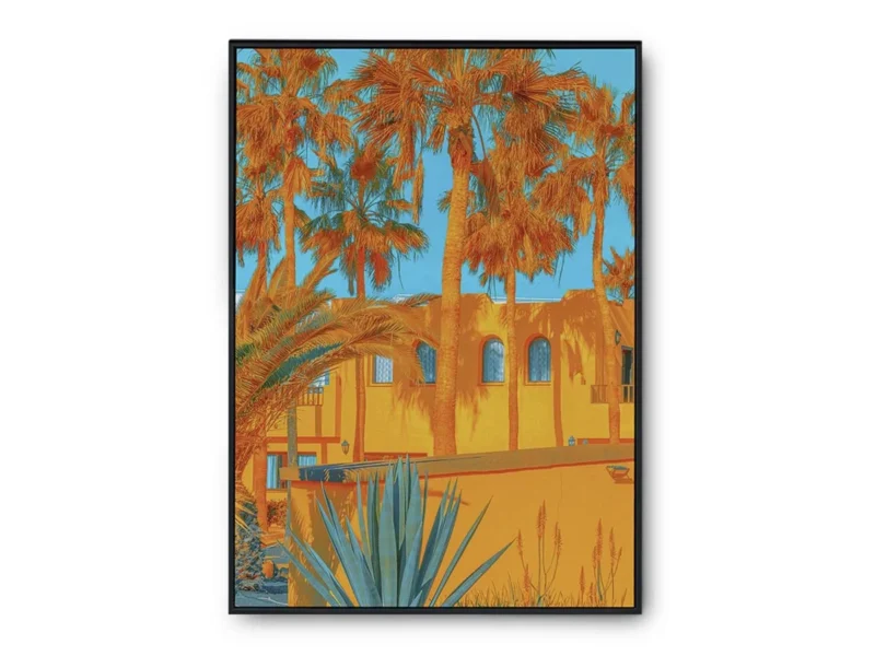 Póster Pop Art Casas Playeras Naranjas con Palmeras