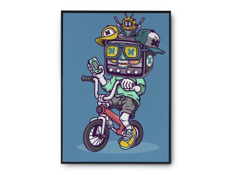 Póster Ilustración Vectorial Chico Televisión en Bicicleta