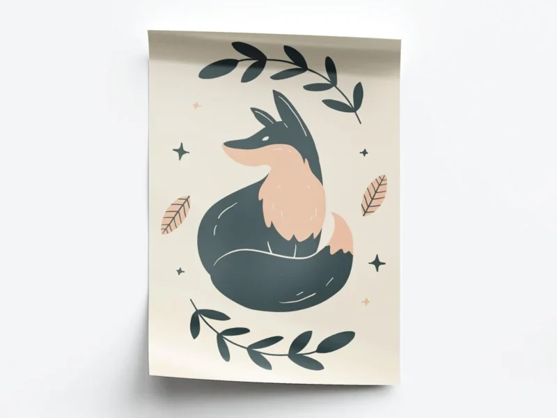 Arte Ilustración Zorro Minimalista con Hojas Alrededor