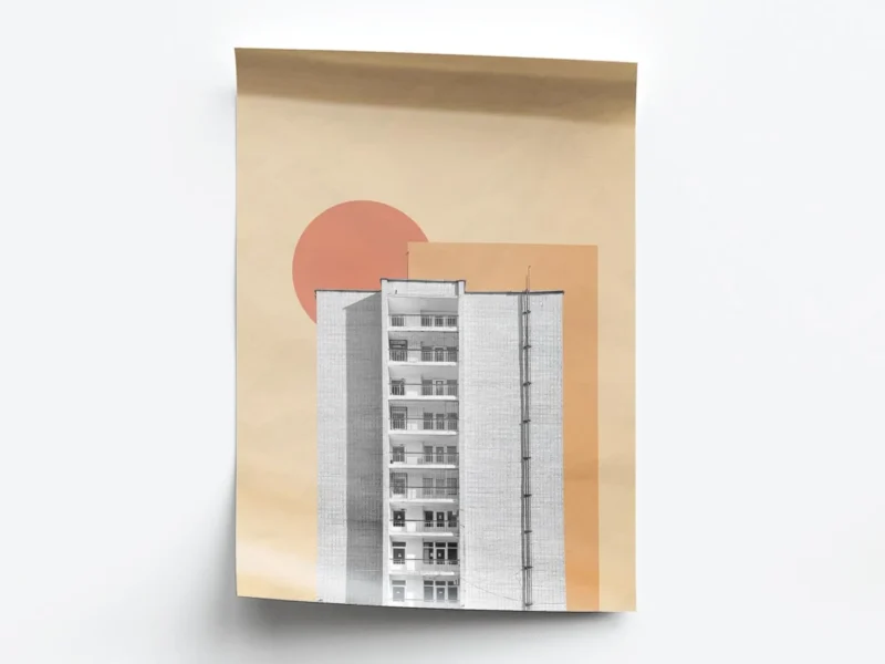 Arte Edificio Blanco con Atardecer de Fondo