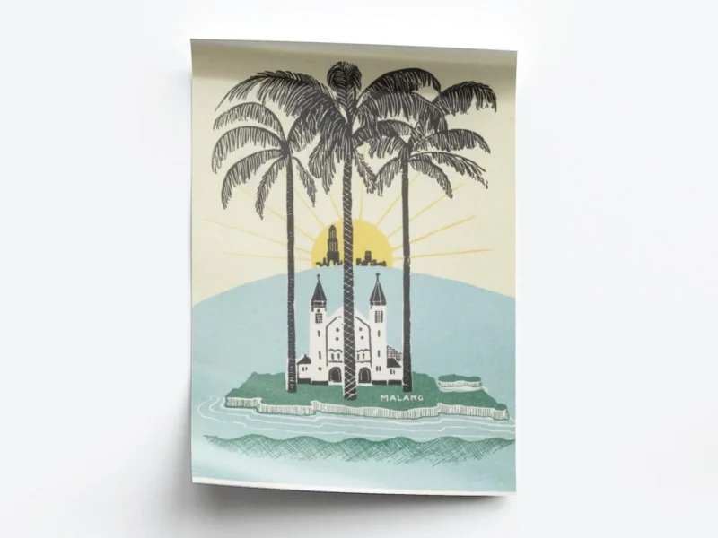 Arte Ilustración Isla Malang al Amanecer con Colores Suaves