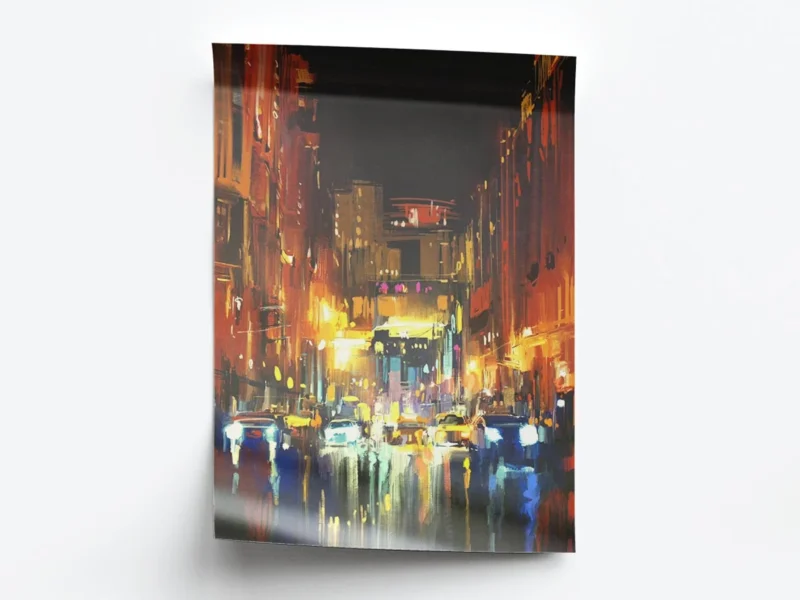 Arte Pintura Noche con Reflejos de Luces en la Ciudad
