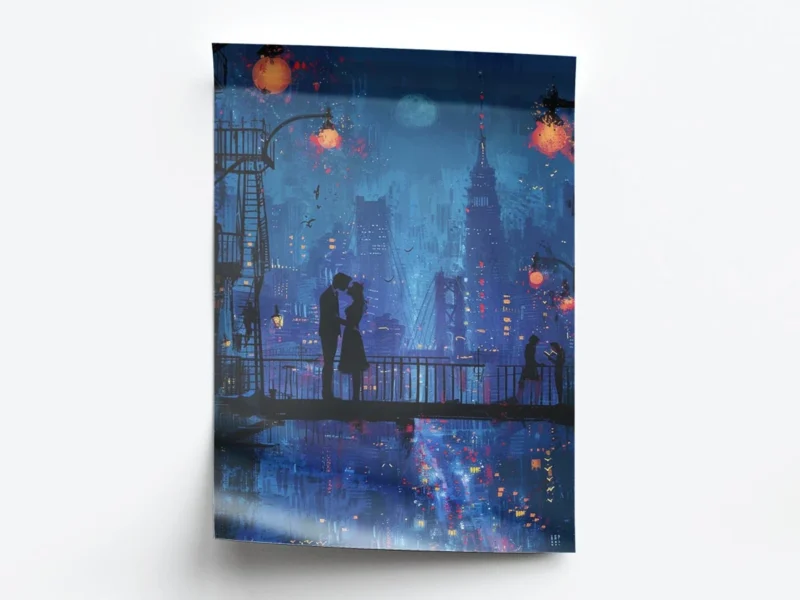 Arte Pintura Pareja en la Noche con Ciudad de Fondo