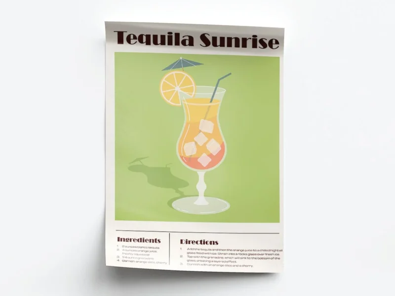 Arte Ilustración Cocktail Tequila Sunrise en Fondo Verde