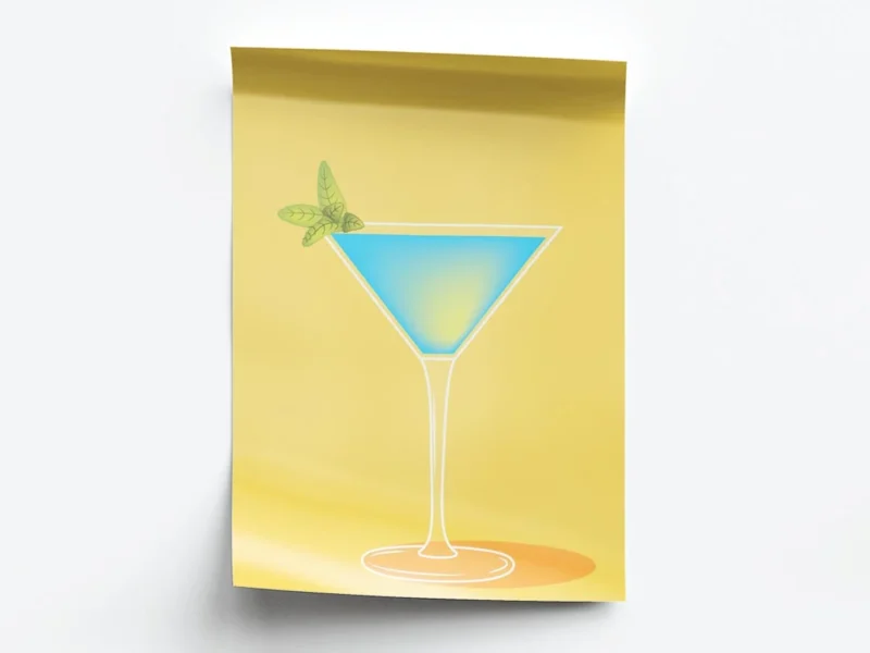 Arte Ilustración Cocktail Blue Angel en Fondo Amarillo