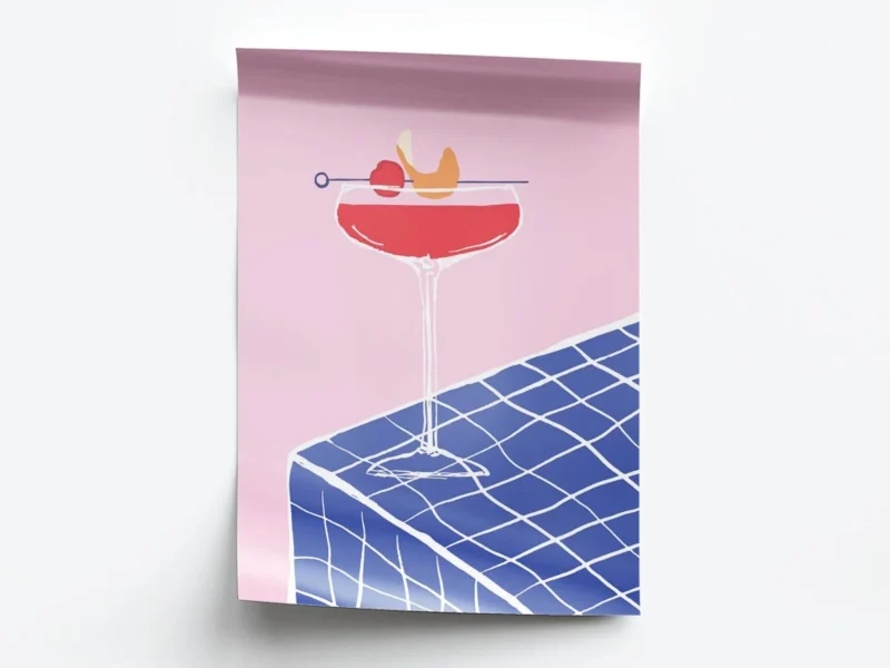 Arte Ilustración Cocktail Boulevardier en Mantel Azul